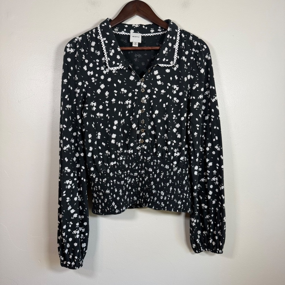 Maeve Floral Lace Trim Smocked Waist Button Front Blouse Size Medium Black